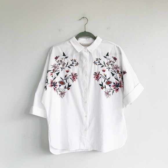 Zara Tops - Zara White Shirt With Floral Embroidery Zara Tops - Zara White Shirt With Floral Embroidery